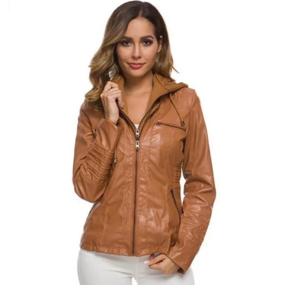 Long Sleeve Pure Color Leather Jacket Autumn Womens Outerwear. Size L